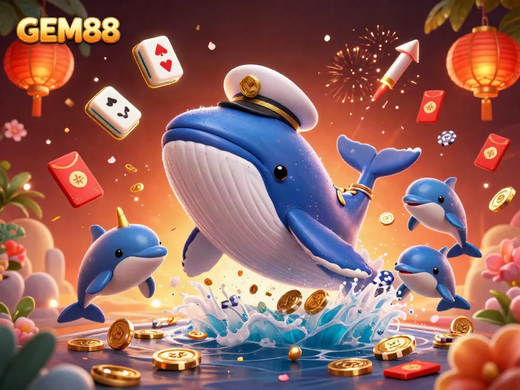Engage in breathtaking gameplay with GEM88, featuring a vibrant scene of a whale, narwhal, and dolphins amidst an exciting casino atmosphere.