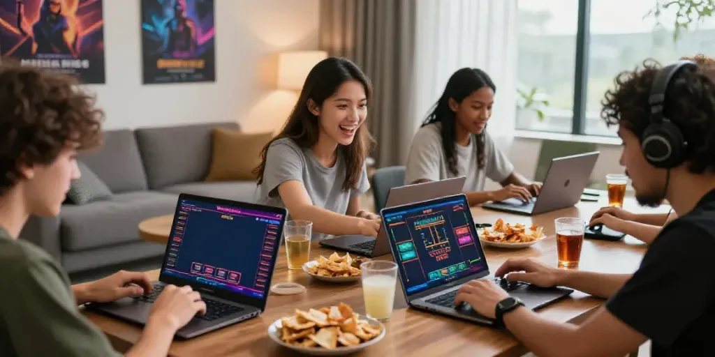 Dewacash Asia betting scene with players enjoying online gaming together in a modern living room.