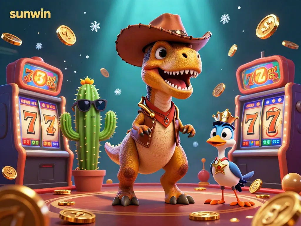 Join the thrilling action at sunwin with a T-Rex cowboy character in a lively casino filled with slot reels and gold coins.