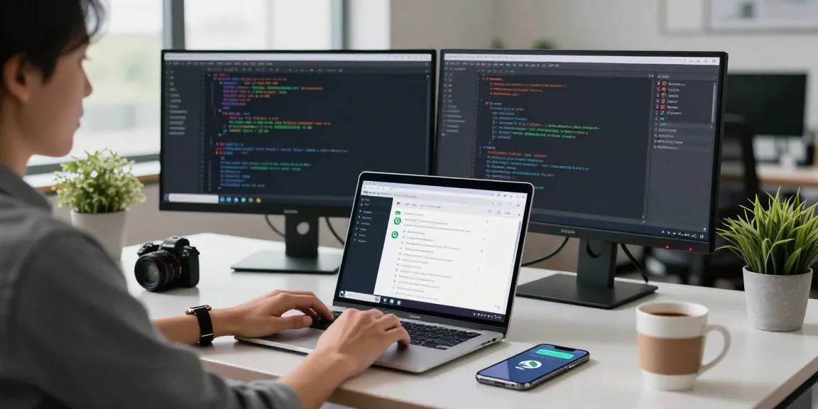 Professional using WhatsApp電腦版 on a laptop in a modern workspace with coding screens and coffee.