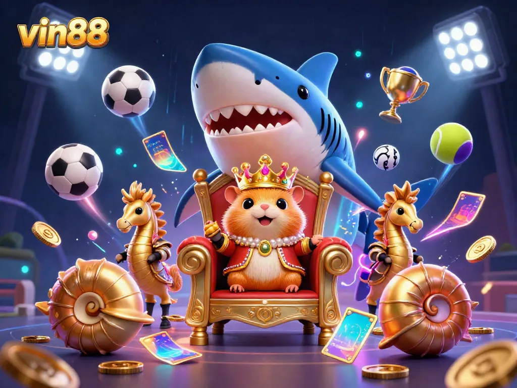 Win big at vin88 with the golden hamster king in a vibrant sports-themed casino scene.