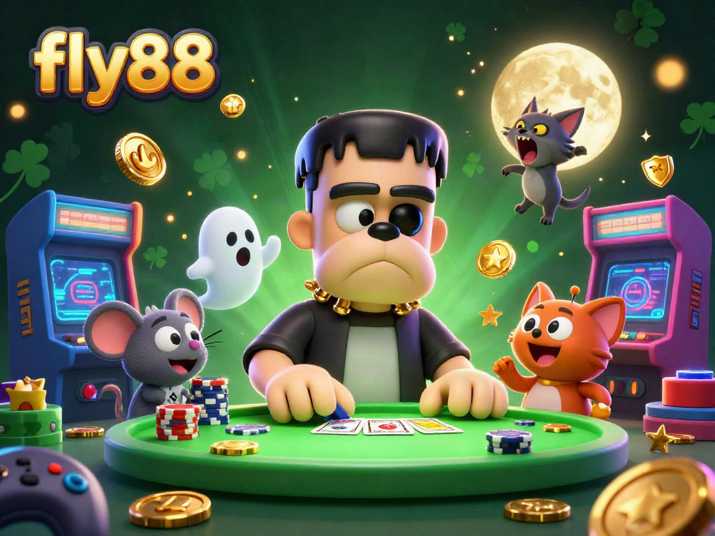 Fly88 characters engage in a vibrant casino game scene with thrilling action and glowing elements.