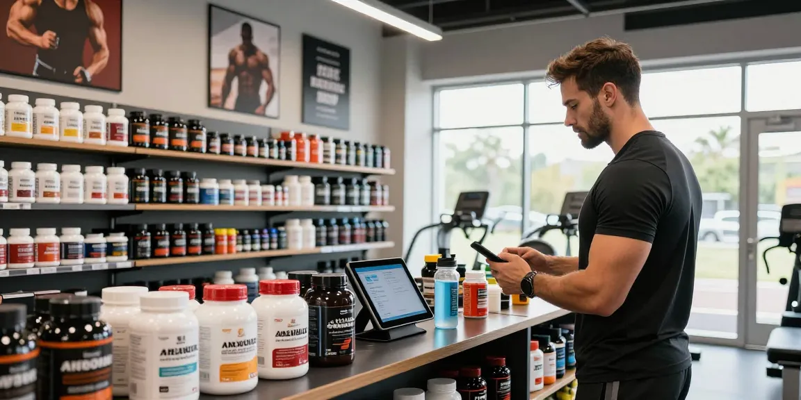 Anabolic products in a health-focused gym shop, Anabolika Shop displaying supplements and steroids for fitness enthusiasts.