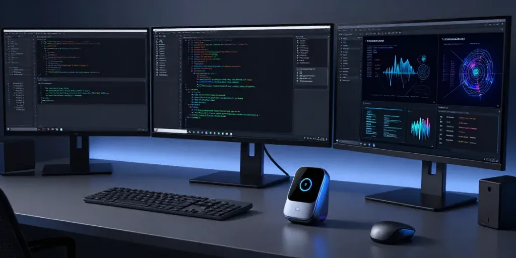 Gadgets in einem modernen Entwicklerarbeitsplatz mit KI-Technologie und Softwareentwicklung.