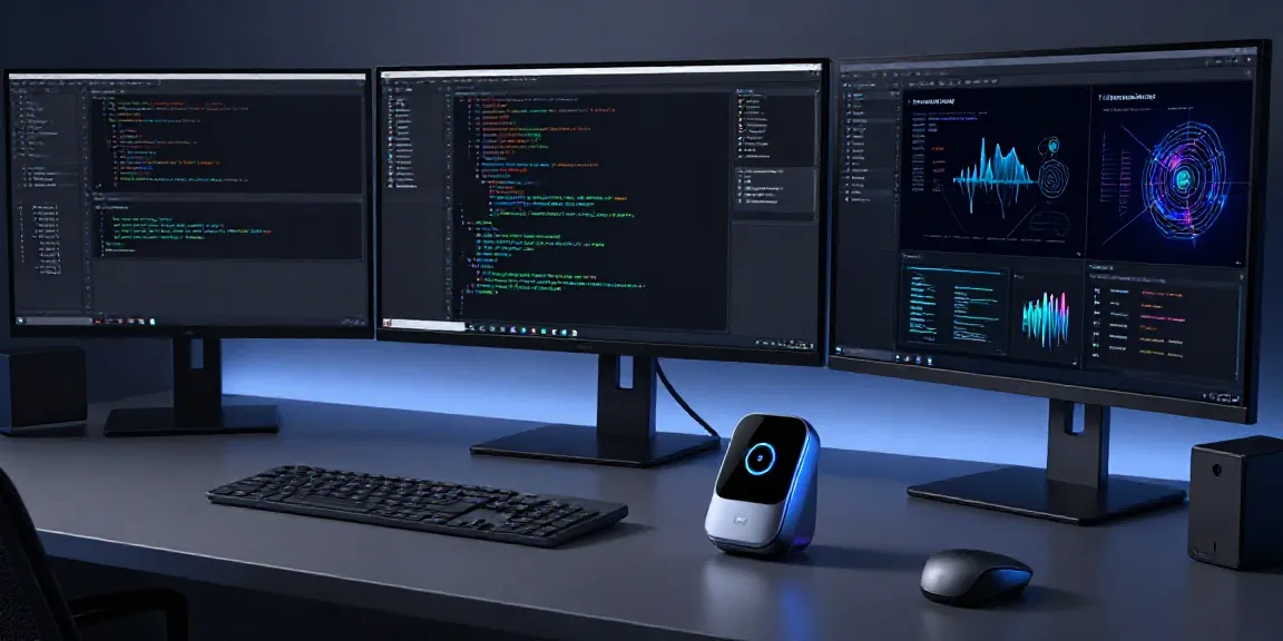 Gadgets in einem modernen Entwicklerarbeitsplatz mit KI-Technologie und Softwareentwicklung.