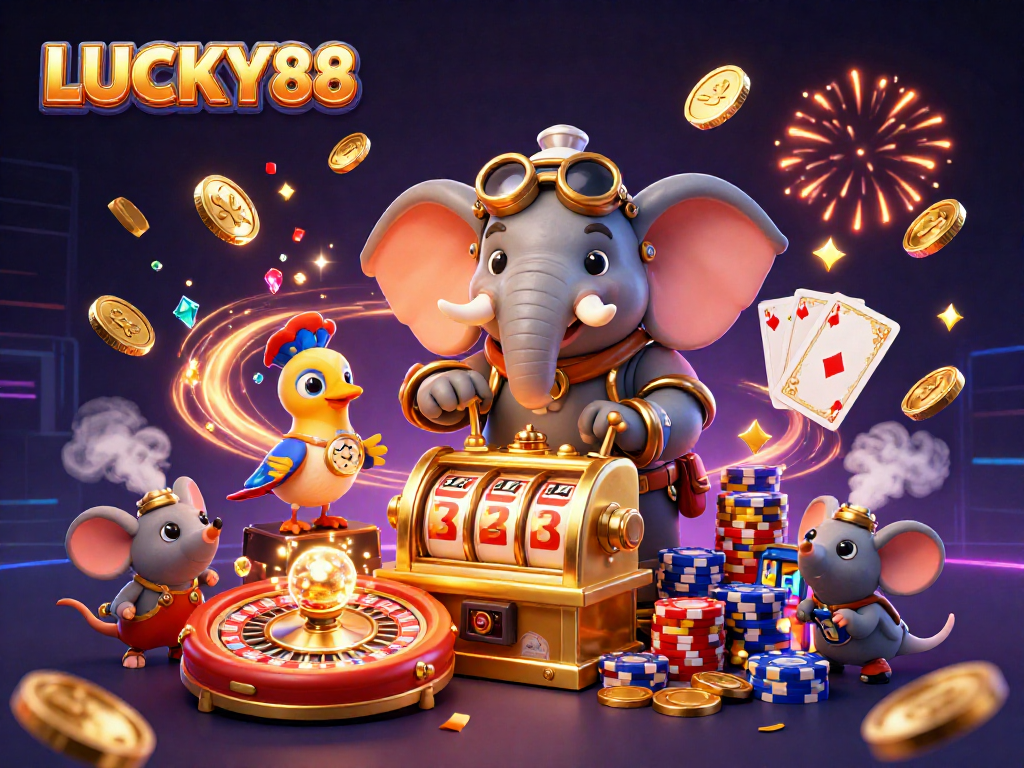 LUCKY88 elevates gaming excitement with a vibrant 3D casino illustration showcasing slot machines, coins, and a magical steampunk theme.