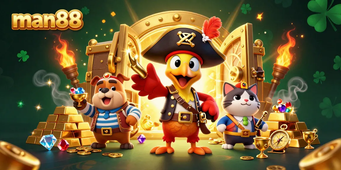 Experience the thrill with man88, featuring pirates and treasure in a vibrant casino illustration.