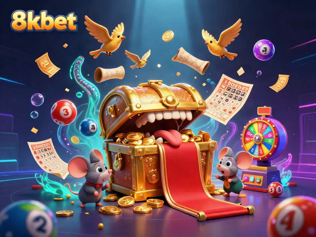 Experience thrilling wins at 8kbet with a vibrant casino-themed 3D illustration showcasing treasure and games.