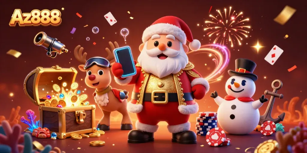 Experience jackpot thrills with Az888 in this vibrant 3D casino illustration featuring Santa and friends.