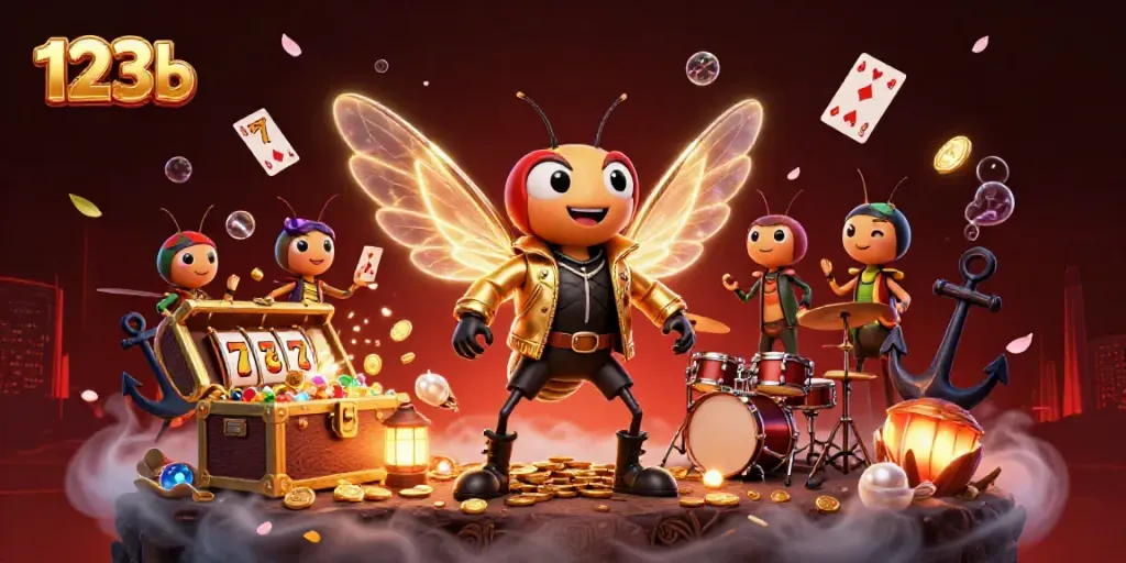 Experience the thrilling excitement of 123b with a vibrant casino scene filled with cartoon rock stars and gaming elements.