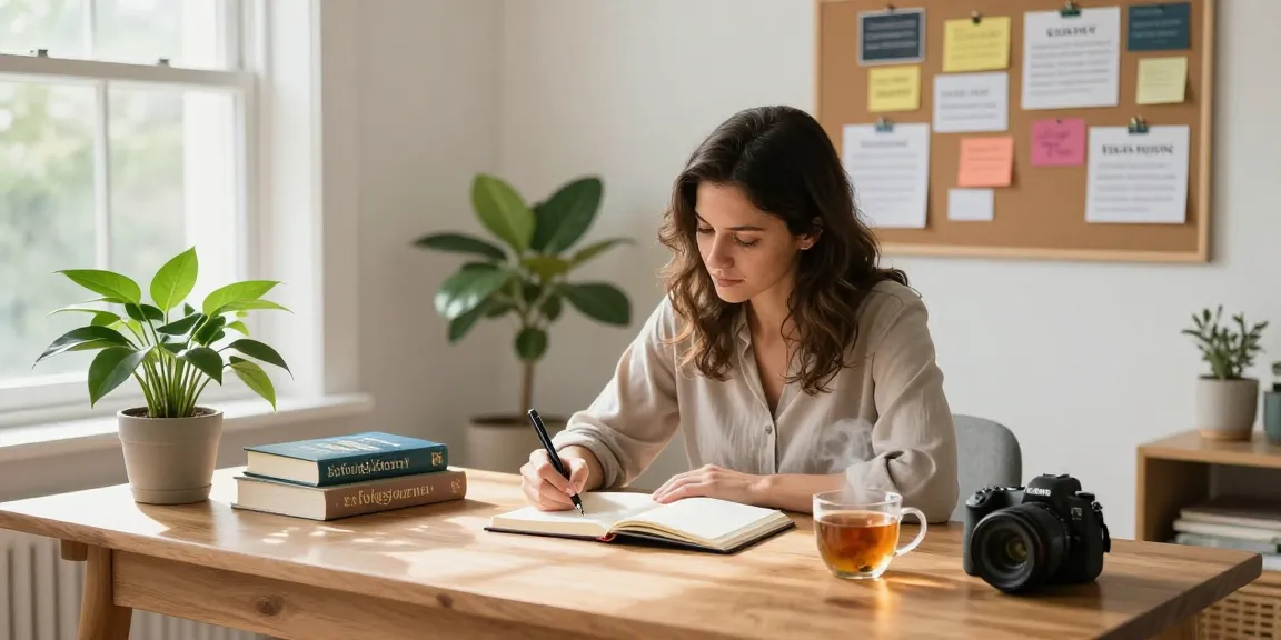 Frau, die in ihrem Erfolgsjournal schreibt, umgeben von Motivationsbüchern und einem Vision Board.