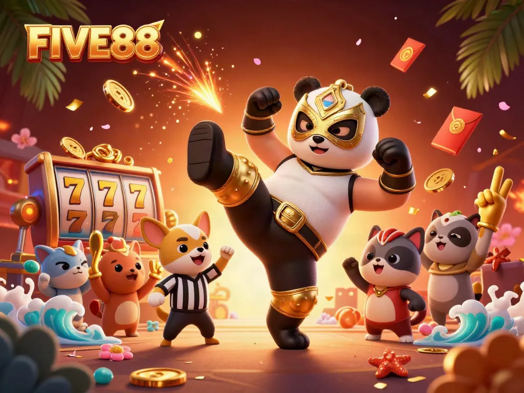 Experience the excitement of FIVE88 with a wrestling panda and diverse casino elements in this vibrant illustration.