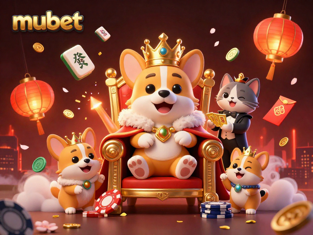 Place bets at mubet with a royal corgi on a poker chip throne, surrounded by vibrant casino elements