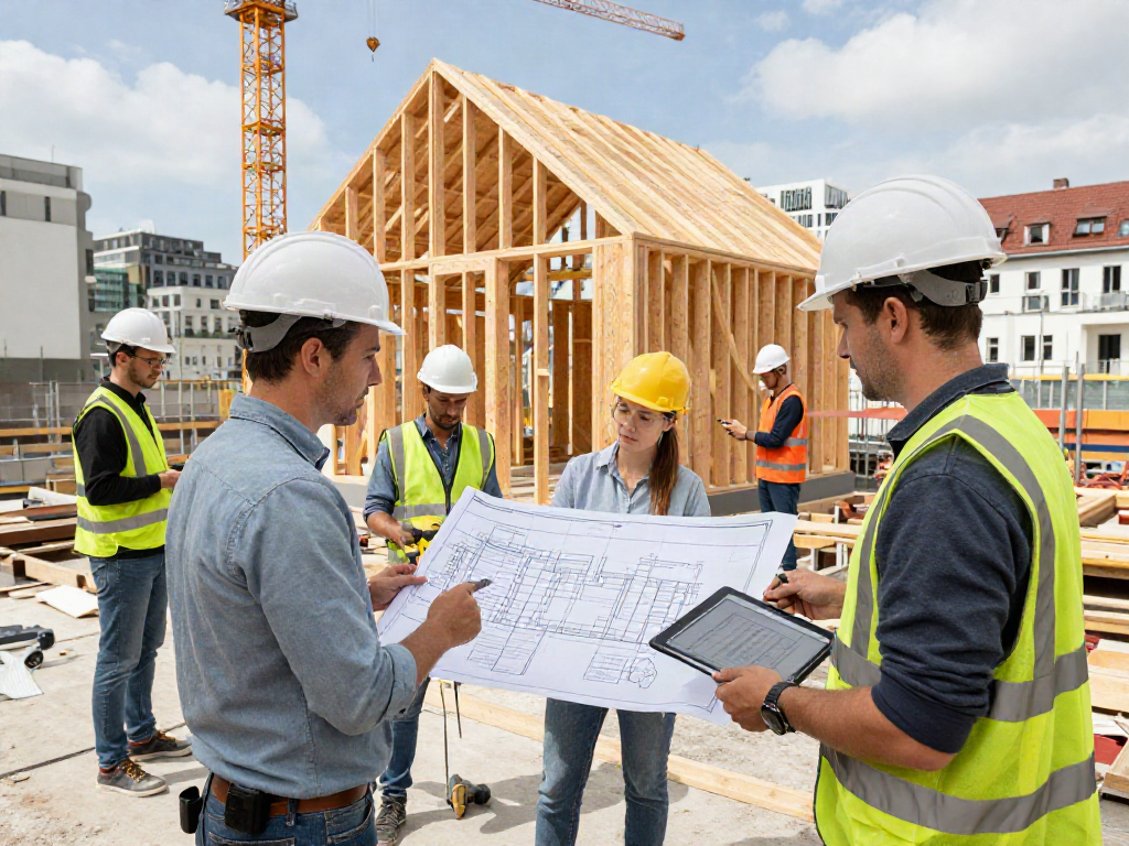 Bauunternehmen Wien: Team von Bauarbeitern und Architekten bei einem modernen Wohnbauprojekt in Wien.