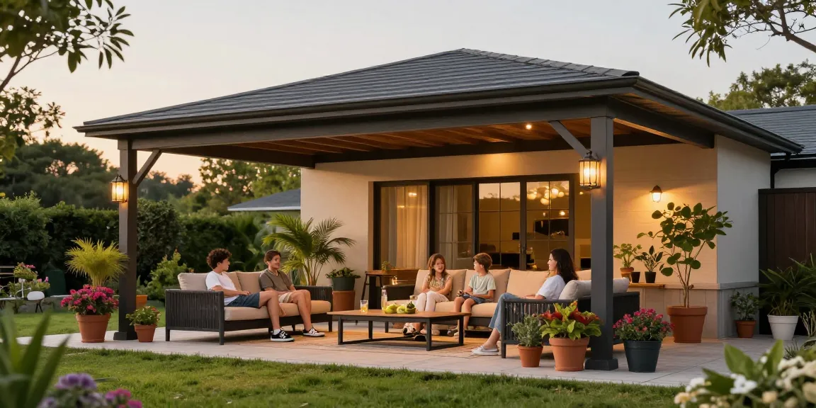 Terrassenüberdachung freistehend mit Familie auf sonniger Terrasse und blühenden Pflanzen.