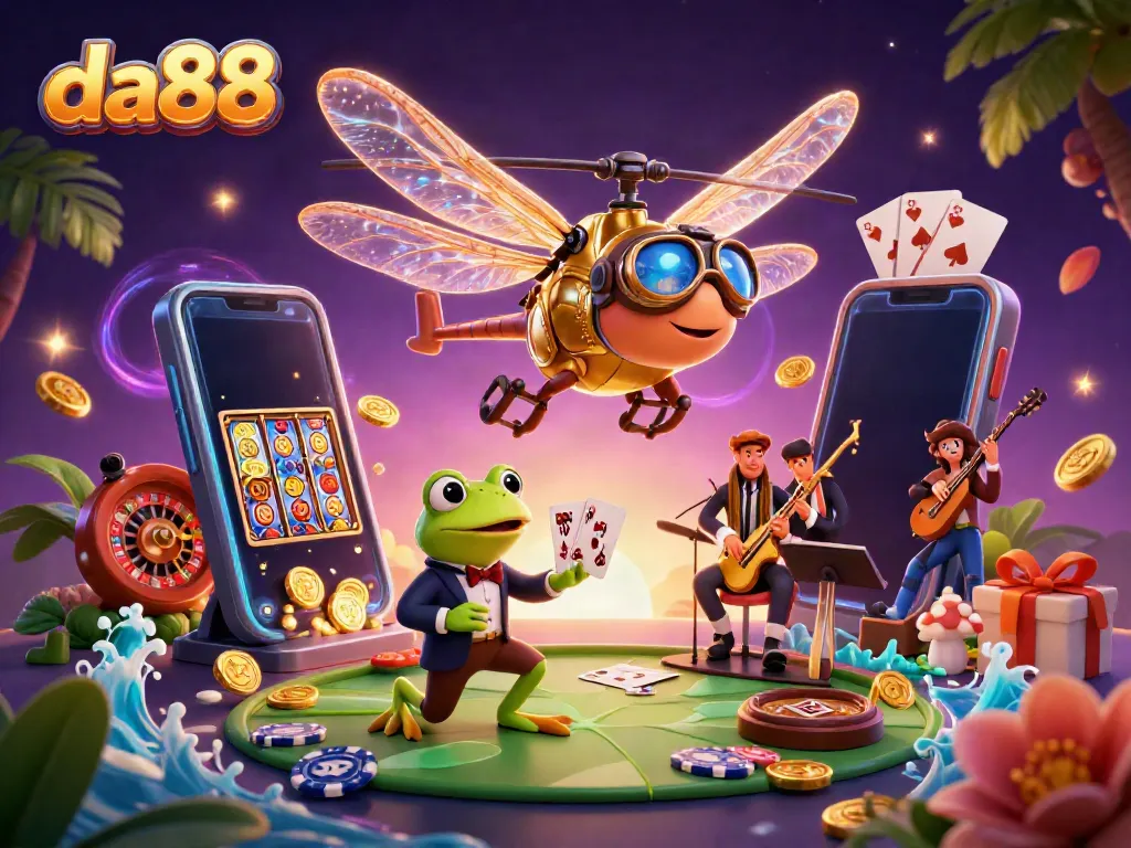 Spin and win on da88 with a lively casino scene featuring a dragonfly pilot, frog croupier, and jazz musicians.