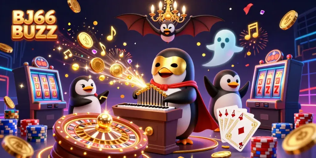 Experience the excitement of BJ66 BUZZ with a thrilling 3D casino scene featuring a unique penguin character.