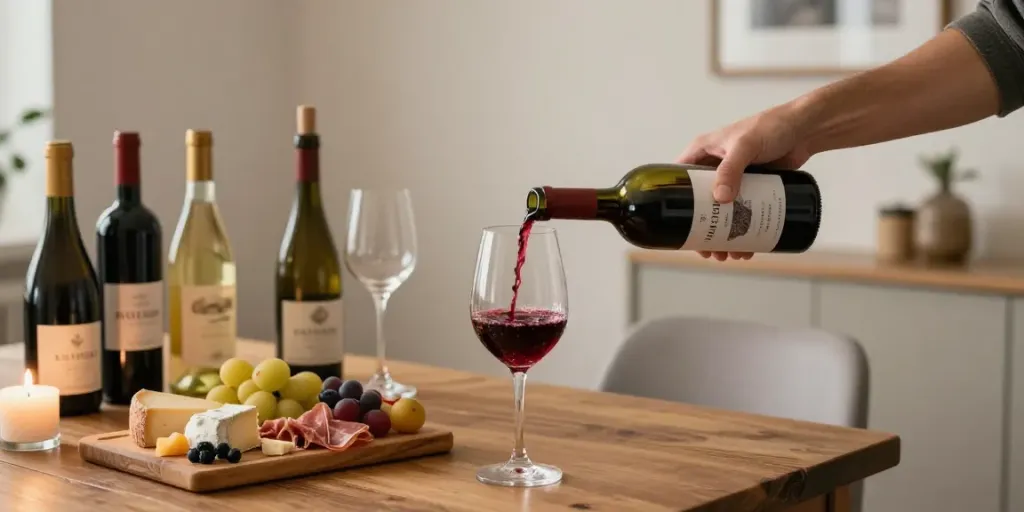 Gemütliche Weinverkostungsszene mit Wein Empfehlung, Käseplatte und warmem Kerzenlicht.