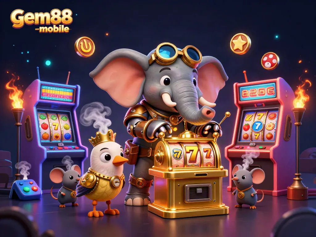 Spin the reels at gem88-mobile with a steampunk elephant amidst vibrant casino elements.