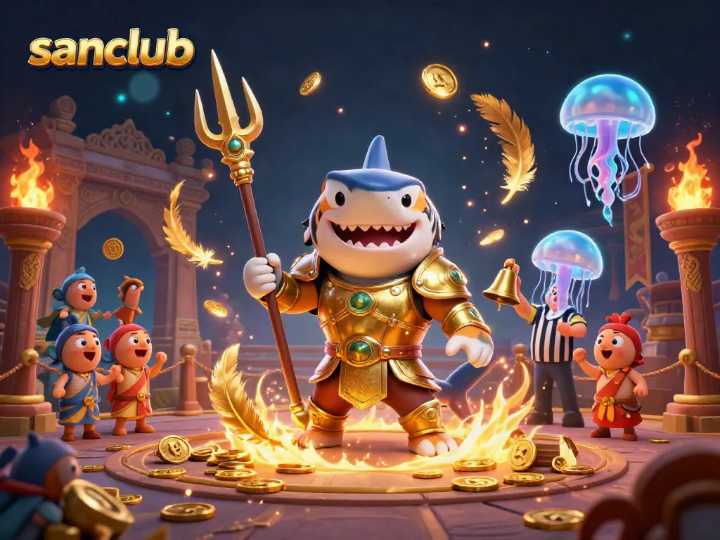 Experience the excitement of sanclub with a vibrant underwater colosseum scene featuring a gladiator shark and cheering fish.