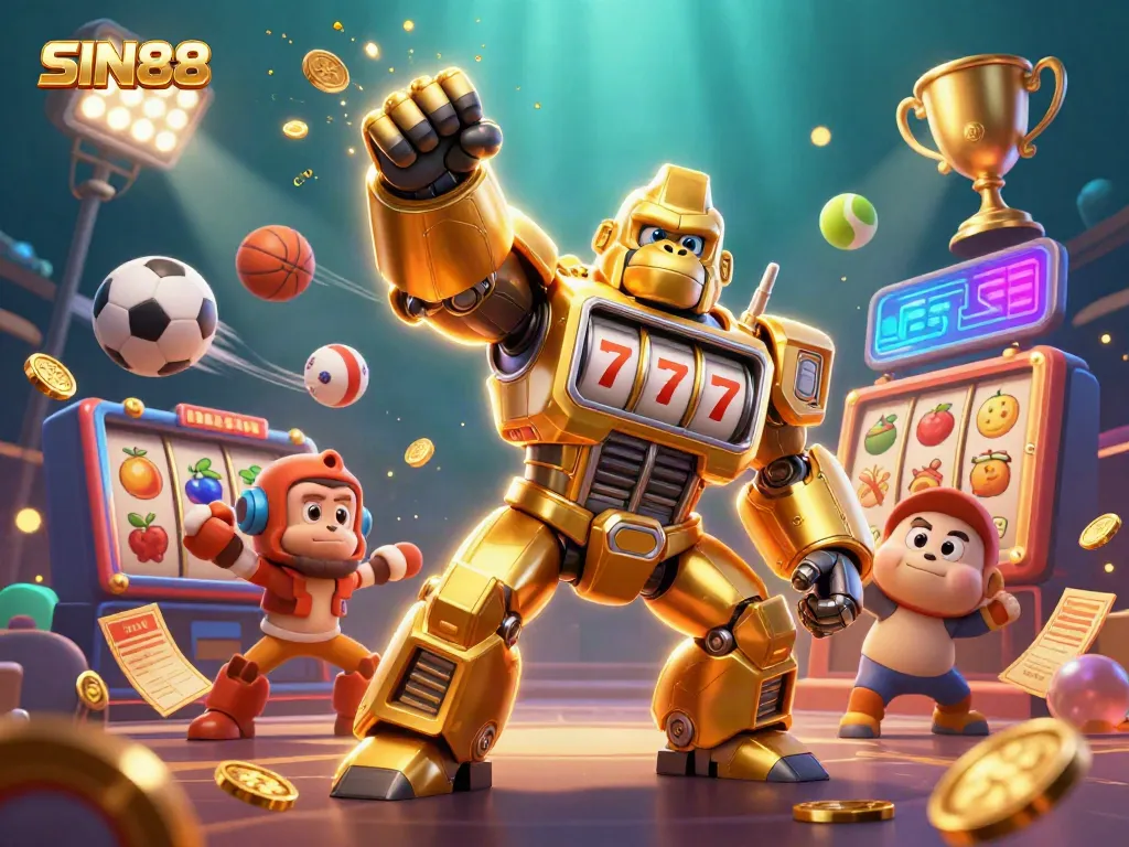 SIN88 showcases a golden gorilla mech amidst exciting slot and sports elements in a vibrant 3D scene.