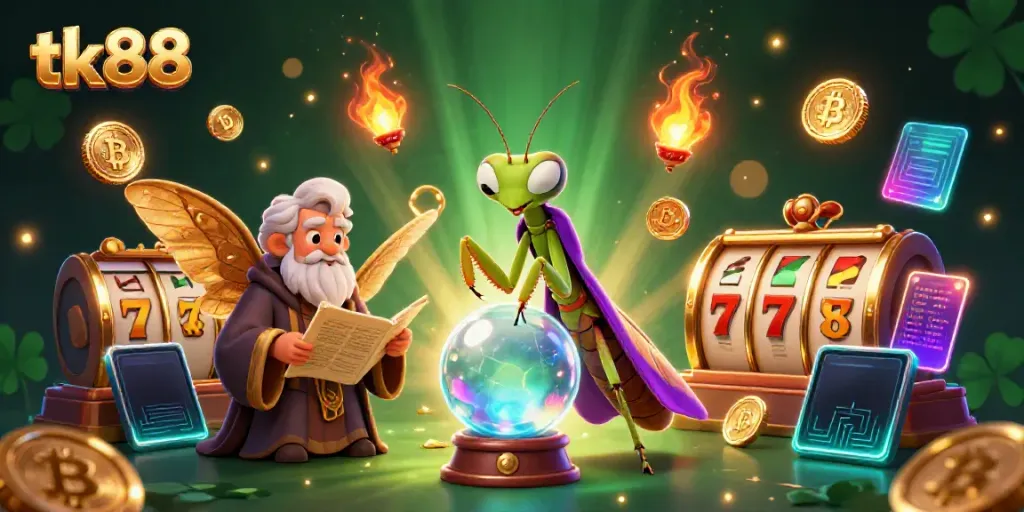 Engage in thrilling slots action with tk88, featuring vibrant casino elements and mystical characters.