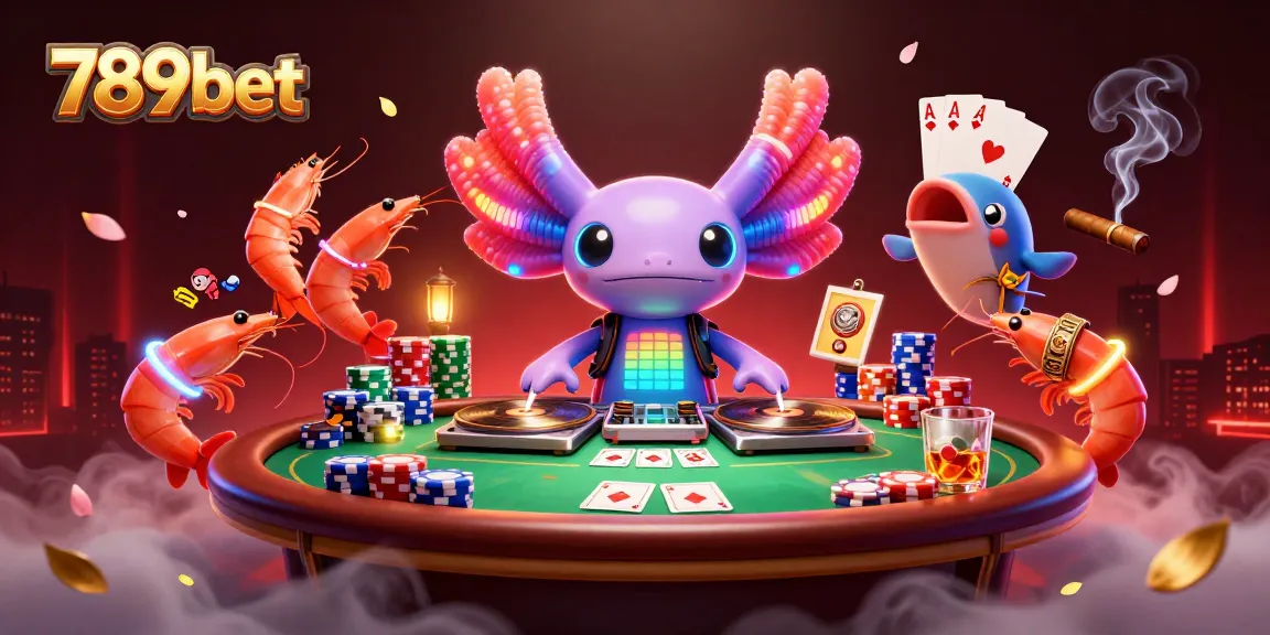 Play poker with 789bet, featuring a vibrant axolotl DJ and dynamic casino scene.