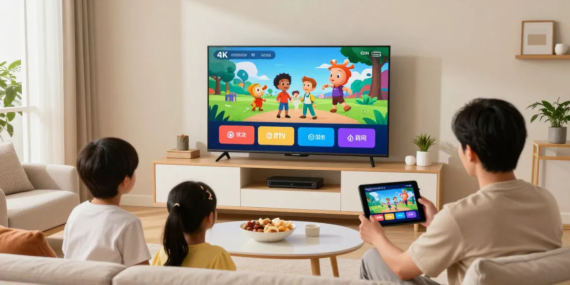 Familie genießt IPTV kaufen mit 4K Streaming im modernen Wohnzimmer.
