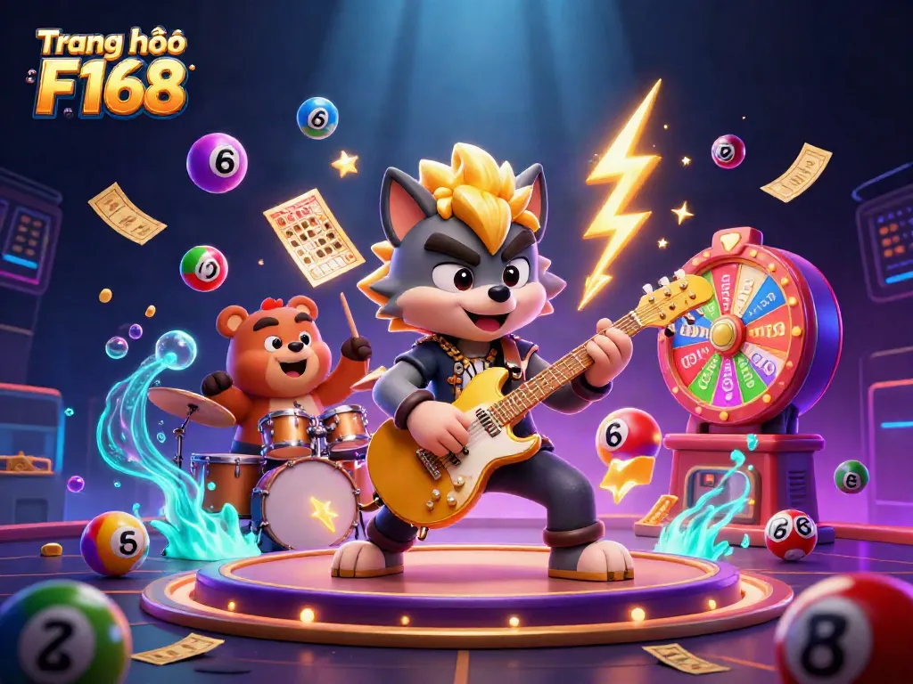 Experience the excitement at Trang chủ F168 with a lively casino scene featuring vibrant characters and game elements.