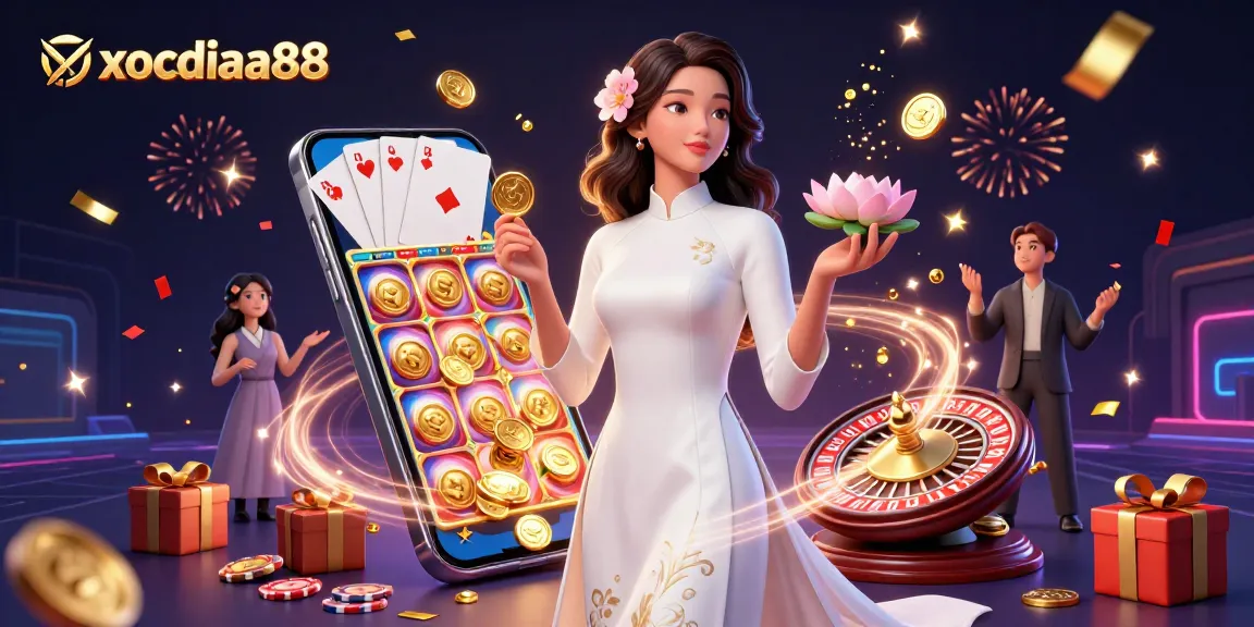 Xocdiaa88 inspires thrilling gameplay with a serene woman in Vietnamese ao dai amid festive casino elements.