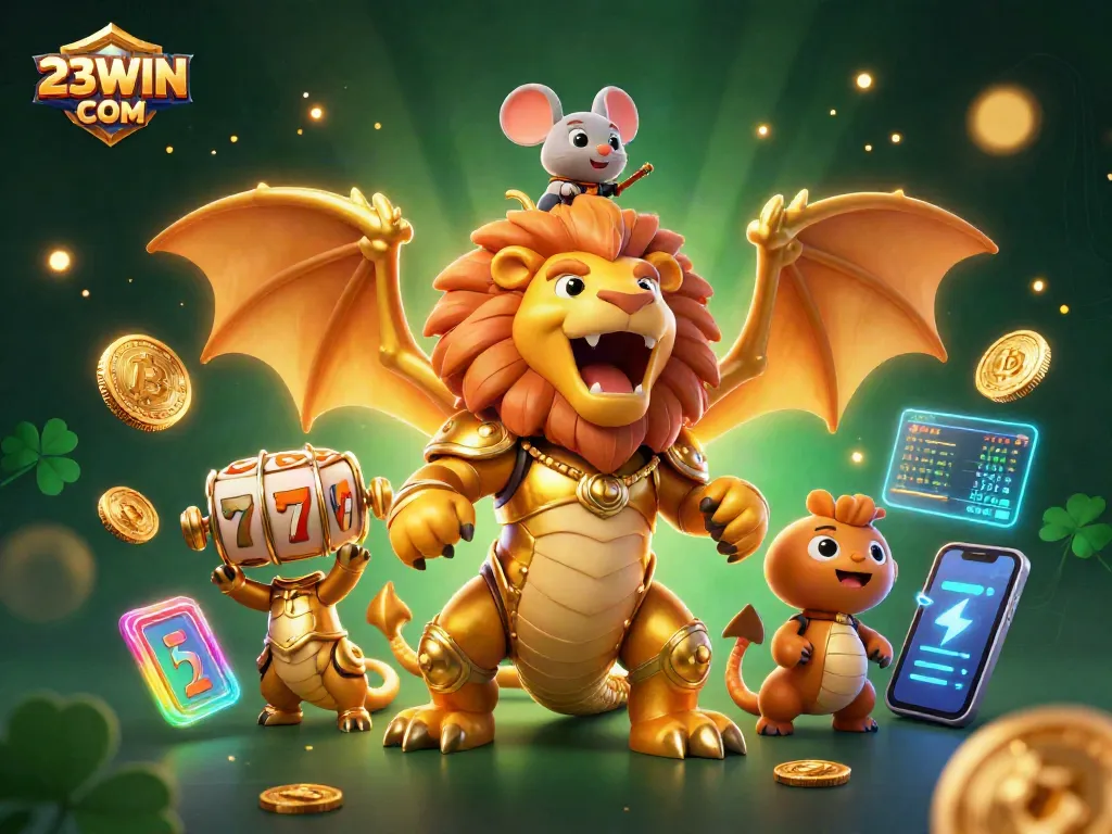 Engage with a vibrant 3D scene showcasing 23WIN COM with a chimera creature, slot elements, and crypto coins.