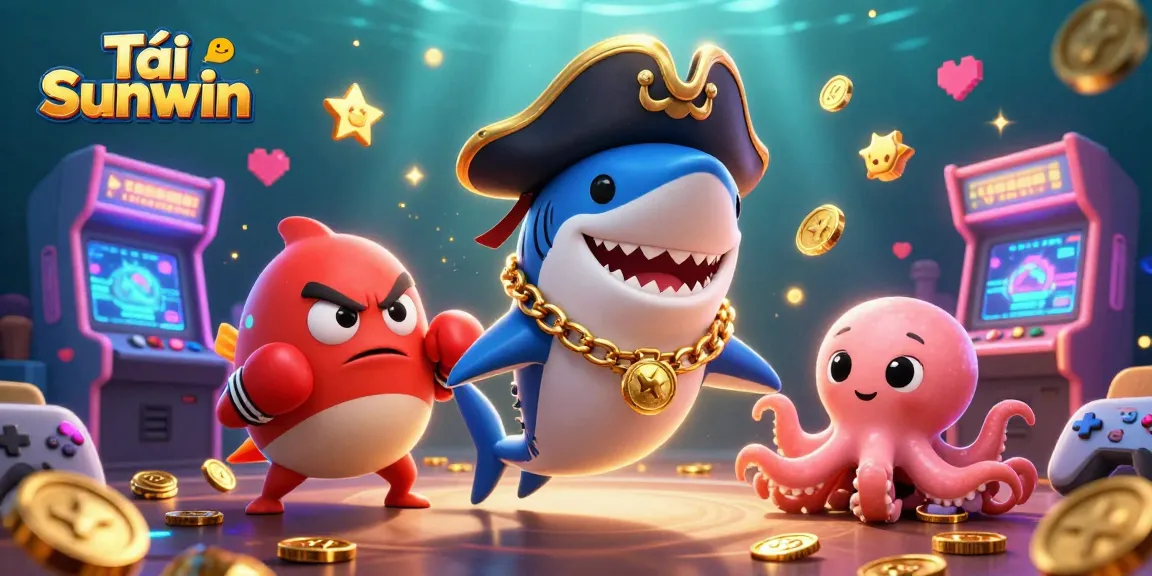 Tải Sunwin offers exciting gameplay as a cartoon pirate shark, pufferfish, and octopus amid vibrant 3D casino elements.