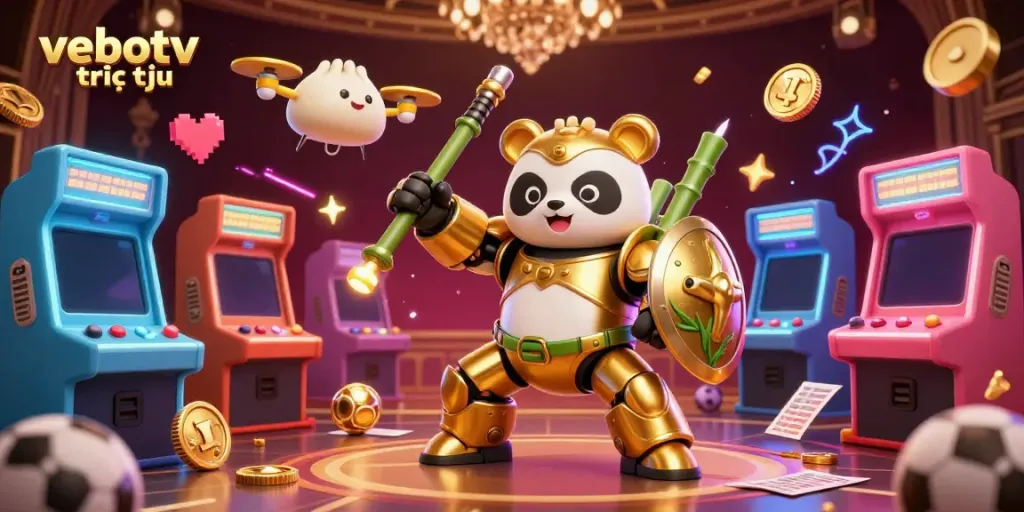 Experience vebotv trực tiếp with a golden panda piloting a bamboo robot in a vibrant, energetic gaming arena.
