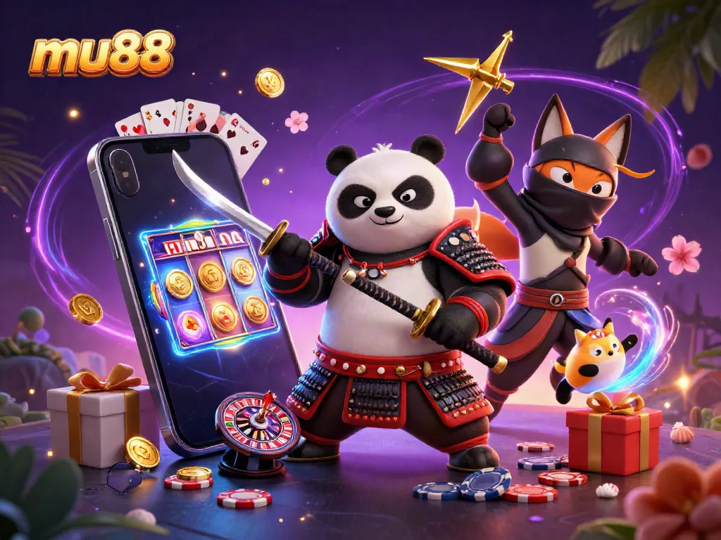 Experience epic wins with mu88 in this dynamic casino-themed illustration featuring samurai panda and ninja.