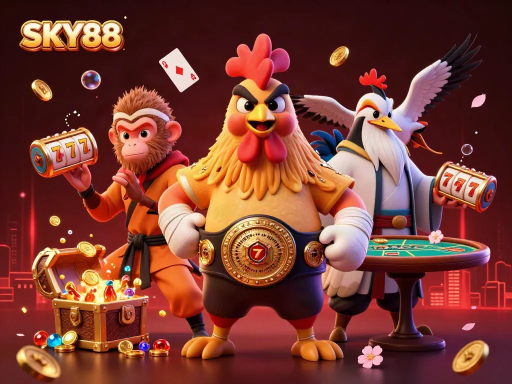 Experience SKY88's thrilling gameplay with dynamic 3D characters amidst vibrant casino elements like slot reels.