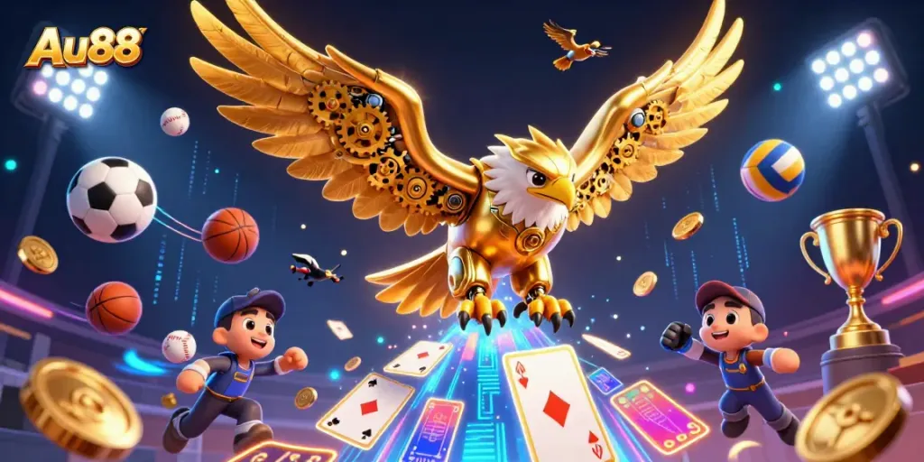 Experience thrilling gaming excitement with Au88's dynamic casino illustration featuring advanced elements.