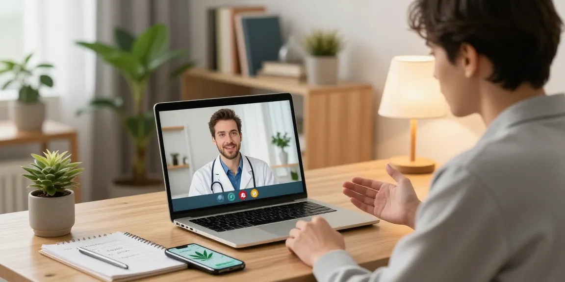 Bequeme Beratung für Cannabis Rezept online bestellen in einem modernen Home Office mit Telemedizin.