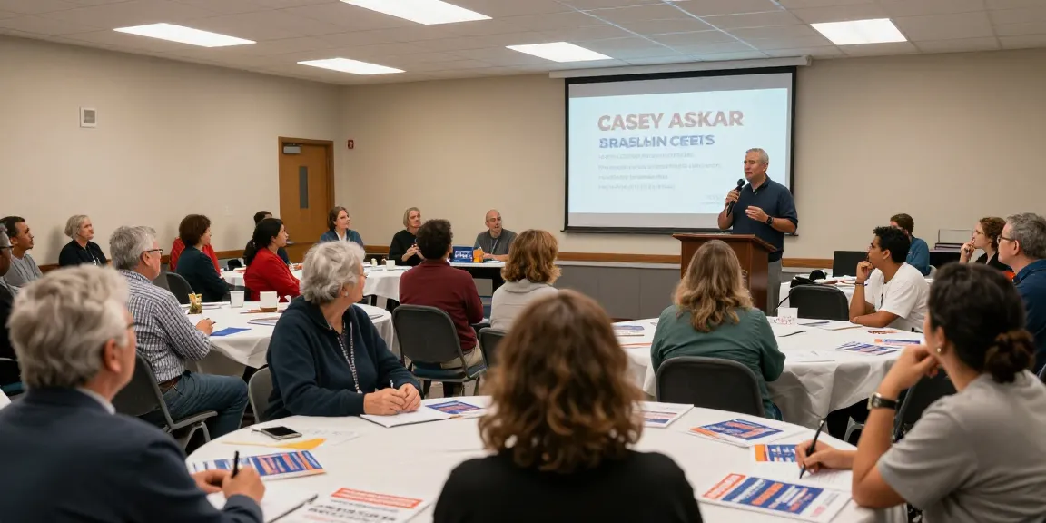 Casey Askar addressing community at a town hall meeting, highlighting his campaign platform.