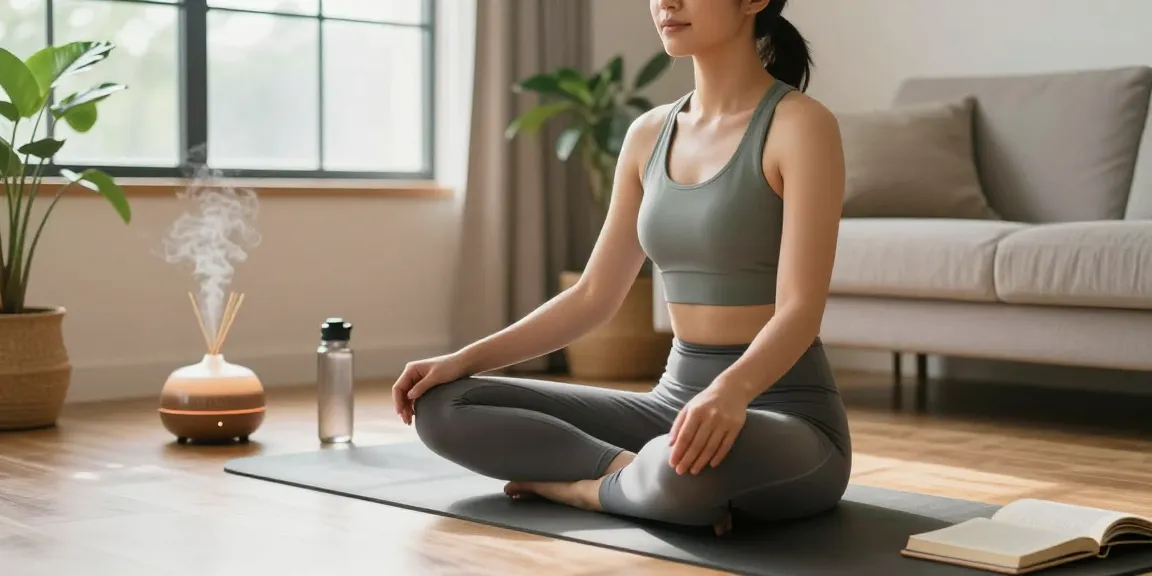 Ipamorelin Canada health enthusiast practicing mindfulness in a serene home environment with plants and natural light.