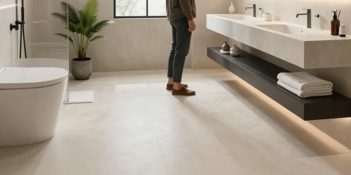 Kosten für ein fugenloses Bad in modernem Badezimmer mit eleganten Oberflächen und Pflanzen.