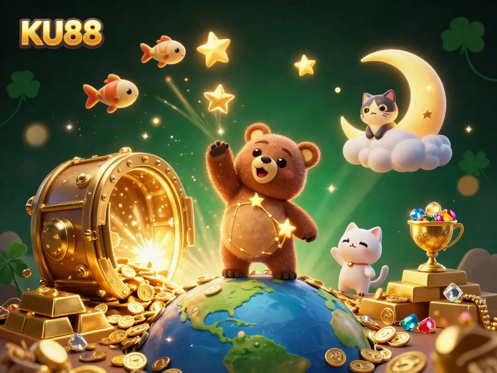 Experience thrilling adventures at KU88 as golden stars and treasures illuminate the night sky!
