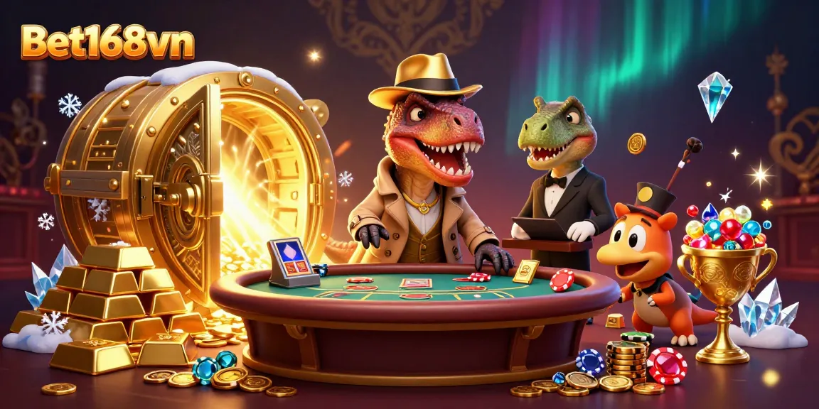 Bet168vn velociraptor counter sneaking chips at a blackjack table amidst treasures in a vibrant casino scene.