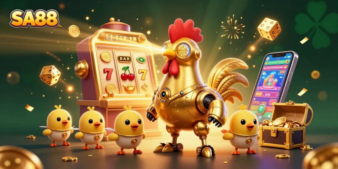 Experience big wins with SA88 as a golden rooster robot leads the jackpot adventure in a vibrant casino scene.