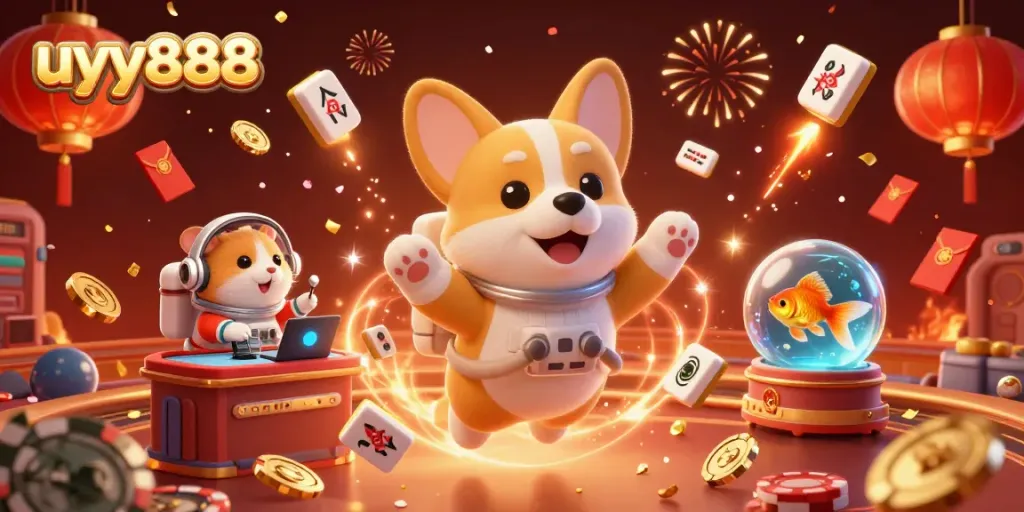 Experience the excitement of uyy888 with an astronaut corgi in a vibrant casino scene.