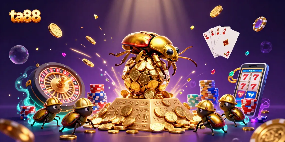 Experience the excitement of ta88 with a dynamic 3D illustration featuring a golden beetle and casino elements.