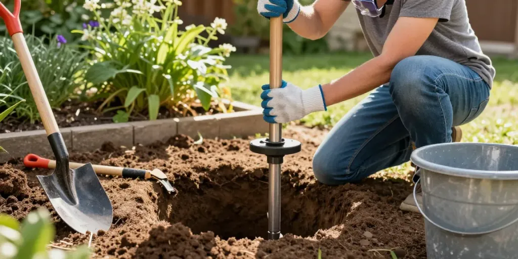 Brunnenbohren im eigenen Garten mit Werkzeug und frischem Erdreich.