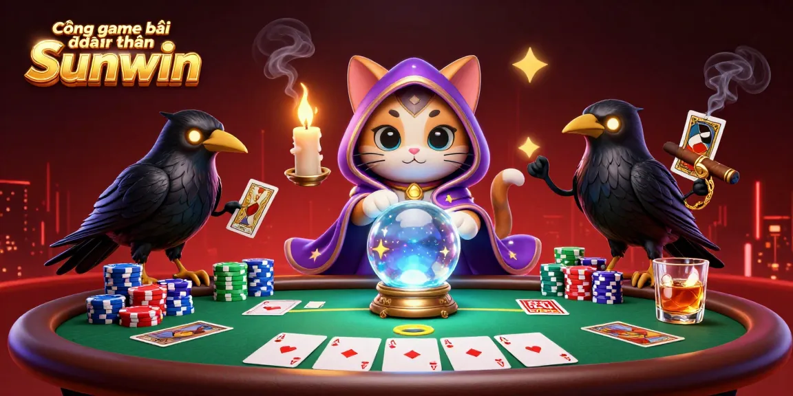 Cổng game bài đổi thưởng Sunwin features a whimsical cat and raven surrounded by vibrant poker elements.