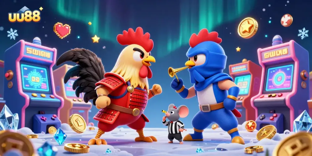 Experience thrilling battles in uu88 with cartoon roosters in an exciting gaming scene filled with colorful casino elements.