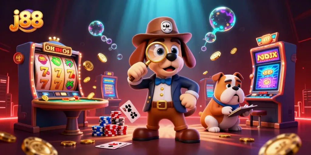 Spin the j88 slot reel with a thrilling jackpot experience featuring cartoon detective elements.