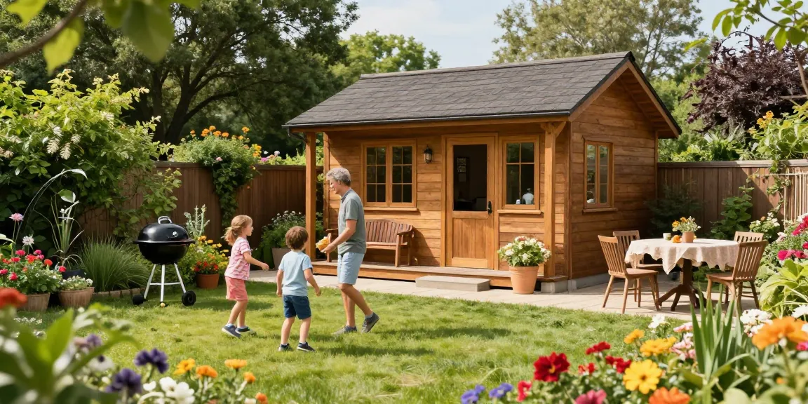 Wunderschönes Gartenhaus Holz in einer einladenden Landschaft mit spielenden Kindern und einer gemütlichen Atmosphäre